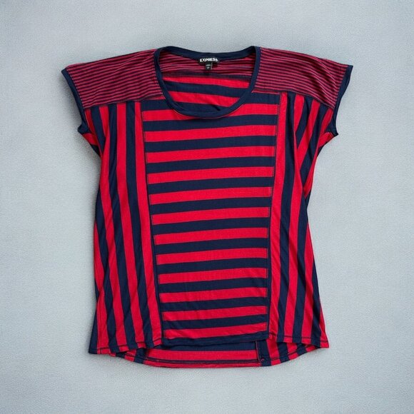 Express Shirt Womens Small Striped Short Sleeve Lightweight Top Red Navy Causal - Picture 1 of 7